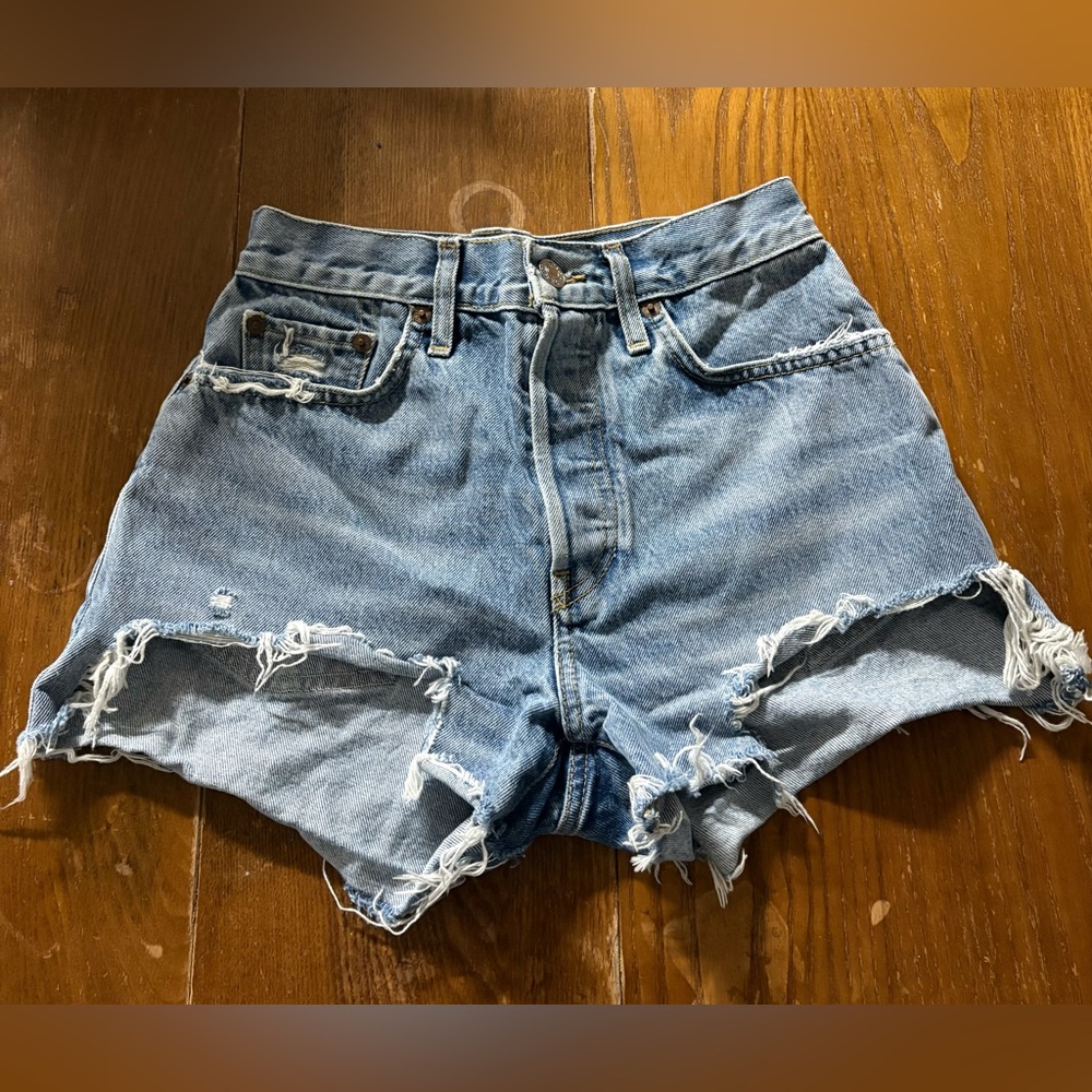 Re/Done Blue Distressed Jean Shorts